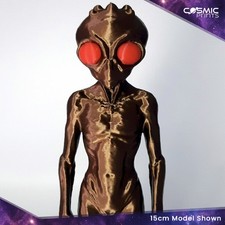 Listing image for Varginha Alien Figure on Display Stand – Metallic Bronze UFO Lore Statue | Gift